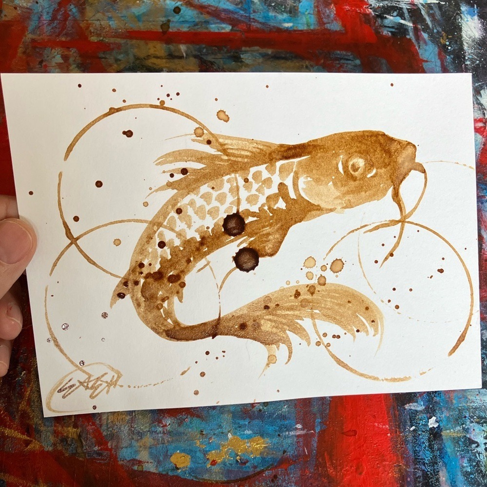 Original coffee painting Koi Fish Art java Decor‎ nature Artwork animals Ettina